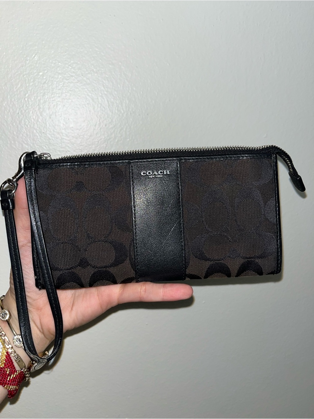 Coach Signature Brown & Black Jacquard Wristlet Wallet Zip Around Clutch